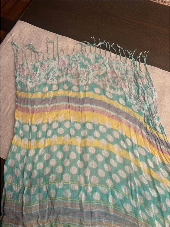 Lightweight Polka Dot and Stripe Scarf in Aqua, Yellow & Pink - Picture 3 of 3